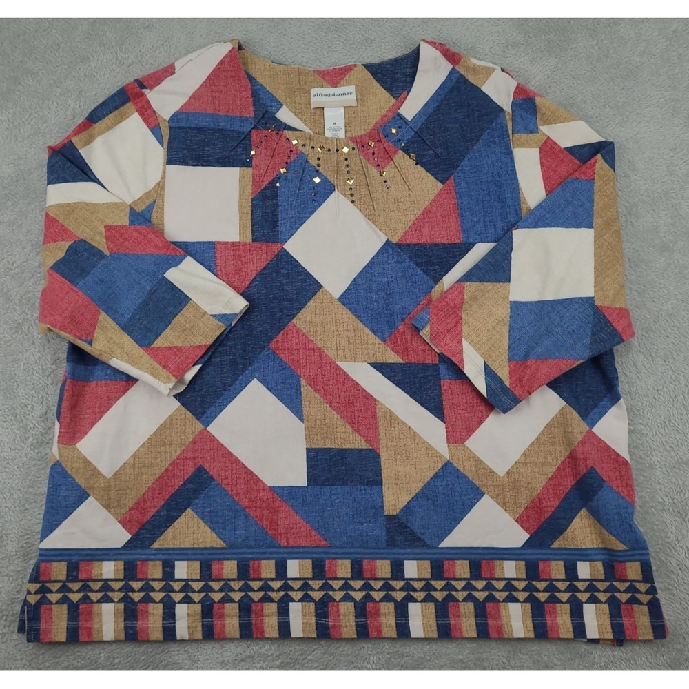Alfred Dunner Top Women Multicolor Stud Embellished Aztec Tribal Cotton Sz 3XL